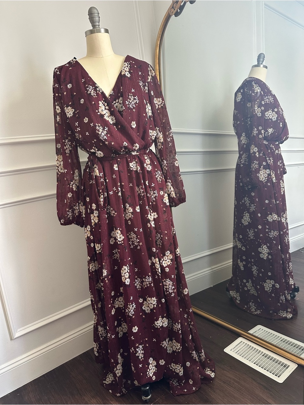 Premier Maroon Floral Wrap-Front Maxi Dress